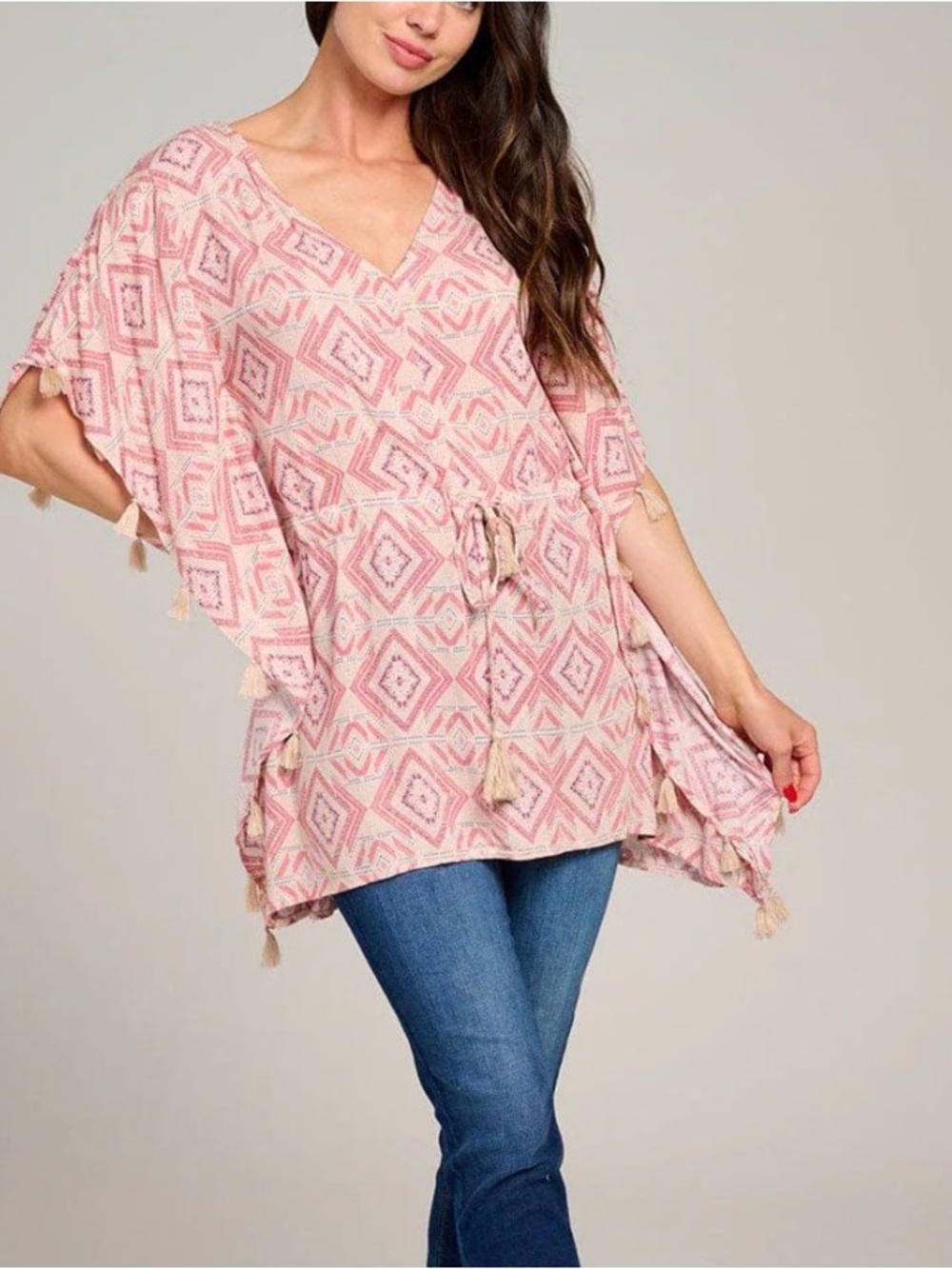 Women’s Pink Printed V-Neck Tassel Tunic Top
